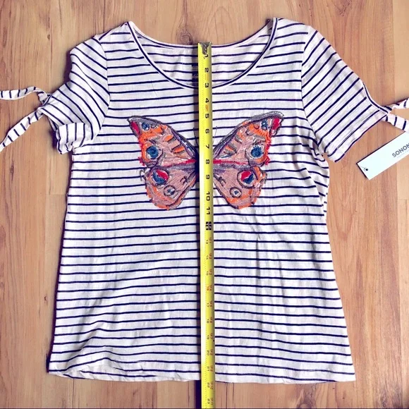 NEW SONOMA Butterfly Embroidery Tee Shirt Striped Petite XS Off White Women’s - Picture 8 of 16
